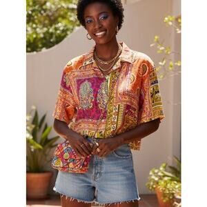 Vintage Y2K Vibrant Boho Patchwork Style Cropped Collared Blouse by Spoon Jeans